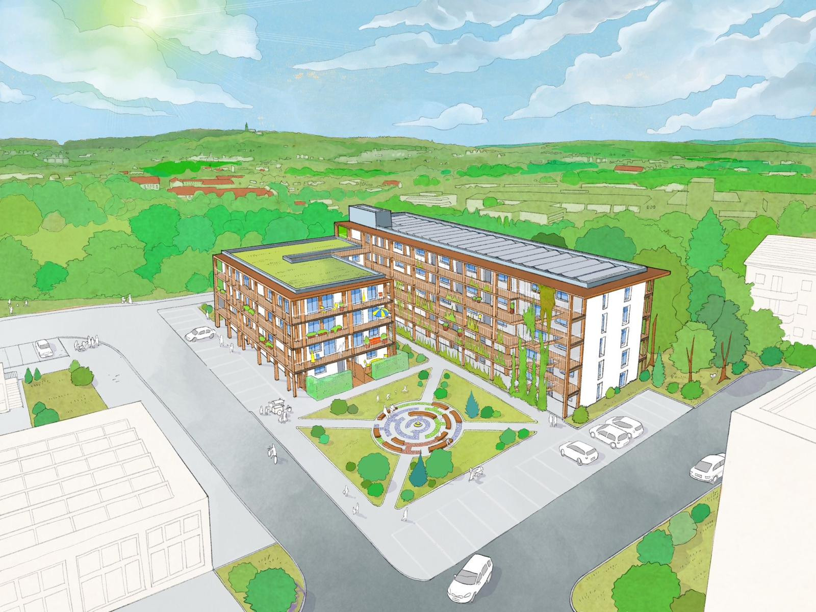 Amberg aVIEW, Visualisierung mit Holzfassade und begr&uuml;ntem Dach