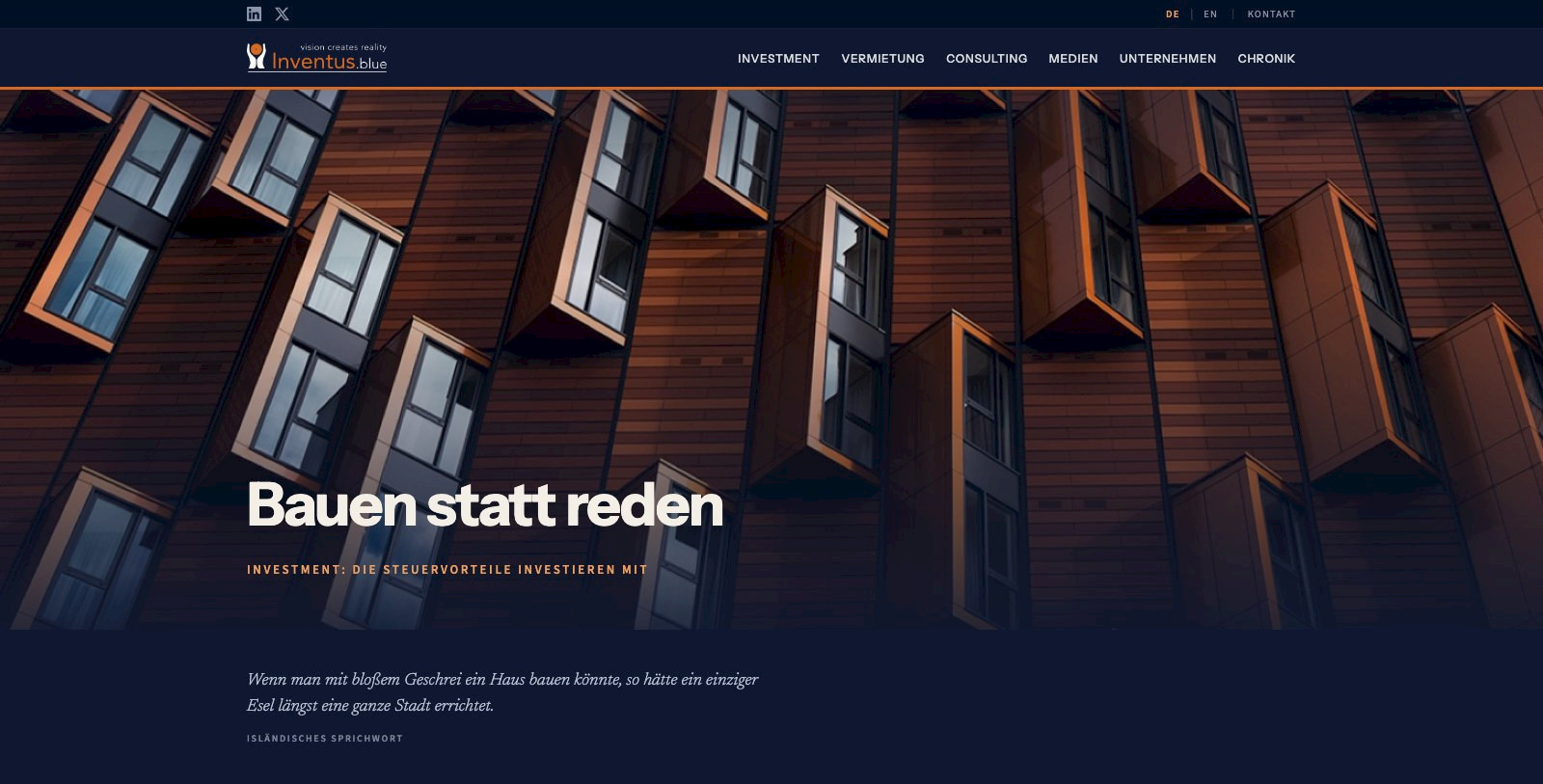 Die Startseite von inventus.blue mit dem Leitspruch &bdquo;Bauen statt reden"